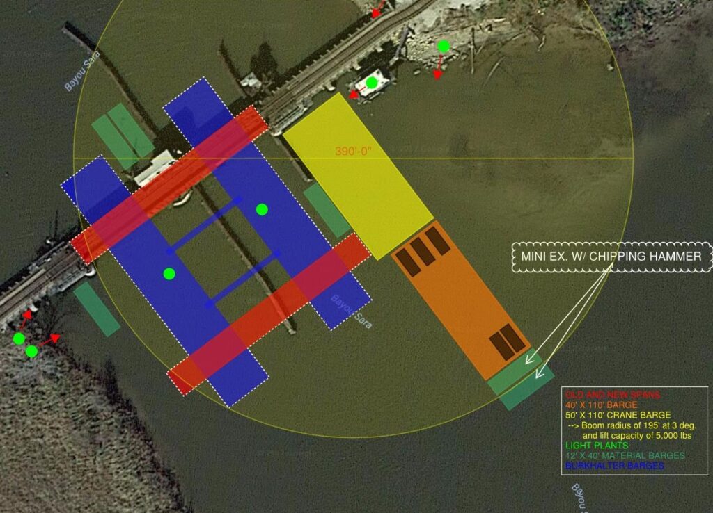 An illustrated site plan overlay showing construction equipment, storage areas, and work zones with measured distances and angles.