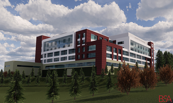 Modern multi-story building, a vertical expansion by Vondace Contracting for WakeMed Cary Hospital, with red and white facade surrounded by trees under a cloudy sky.