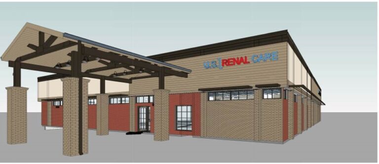3D rendering of the proposed Easley Dialysis Clinic with a covered drive-through area.