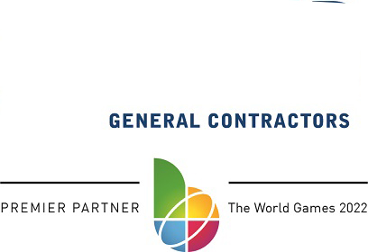 Logo of Vondace Contracting, Official Construction Partner, indicating their status as a premier partner of the World Games 2022.