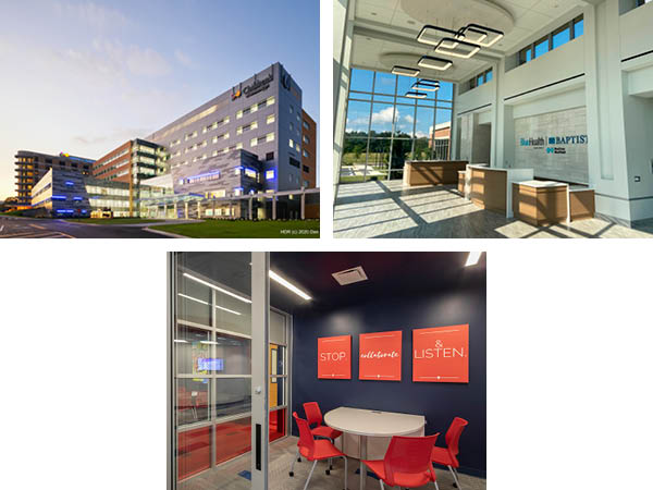 Three different views of a modern healthcare facility: an exterior shot at dusk, a spacious interior lobby, and a meeting room with bold wall graphics by Vondace Contracting.