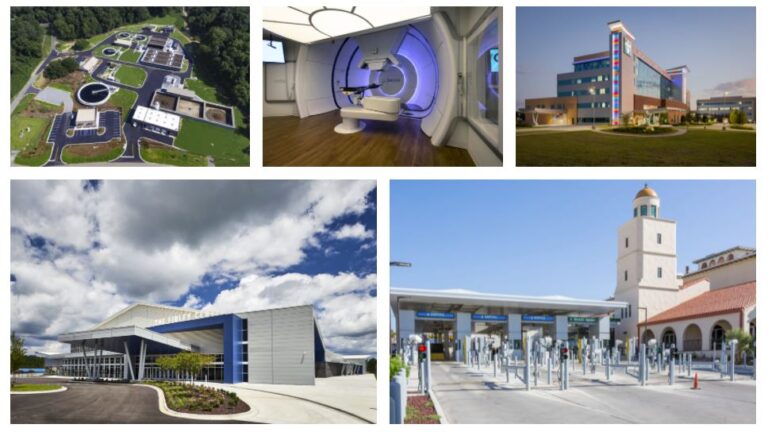 A collage showcasing various types of buildings including a healthcare facility by Vondace Contracting, an MRI room, a modern hospital exterior, a building with a domed structure, a contemporary building entrance,