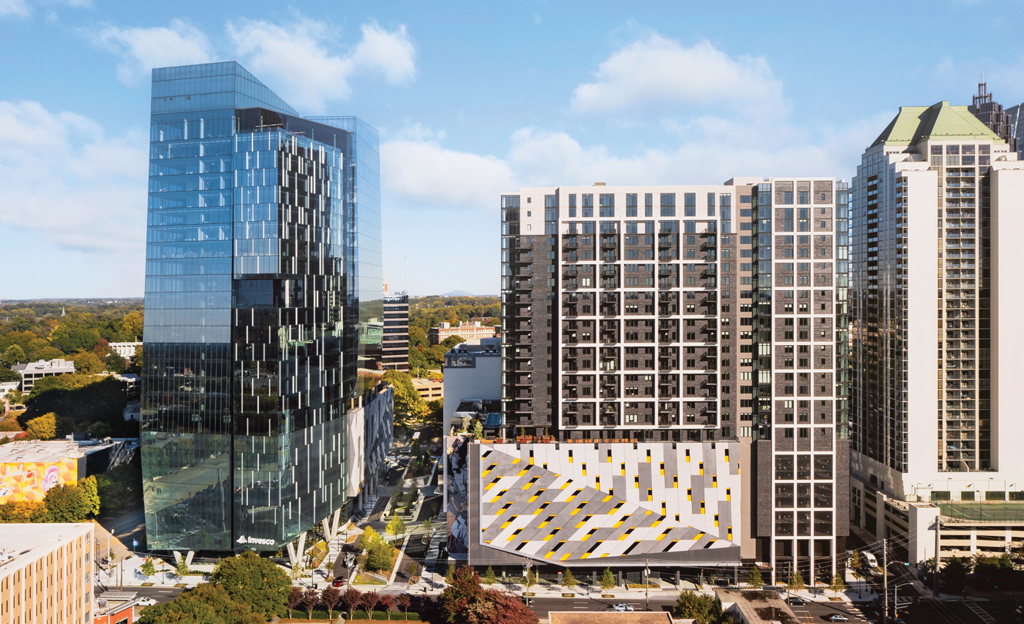 Modern Atlanta urban skyline with a mix of glass and patterned facade buildings opens in Midtown Union.