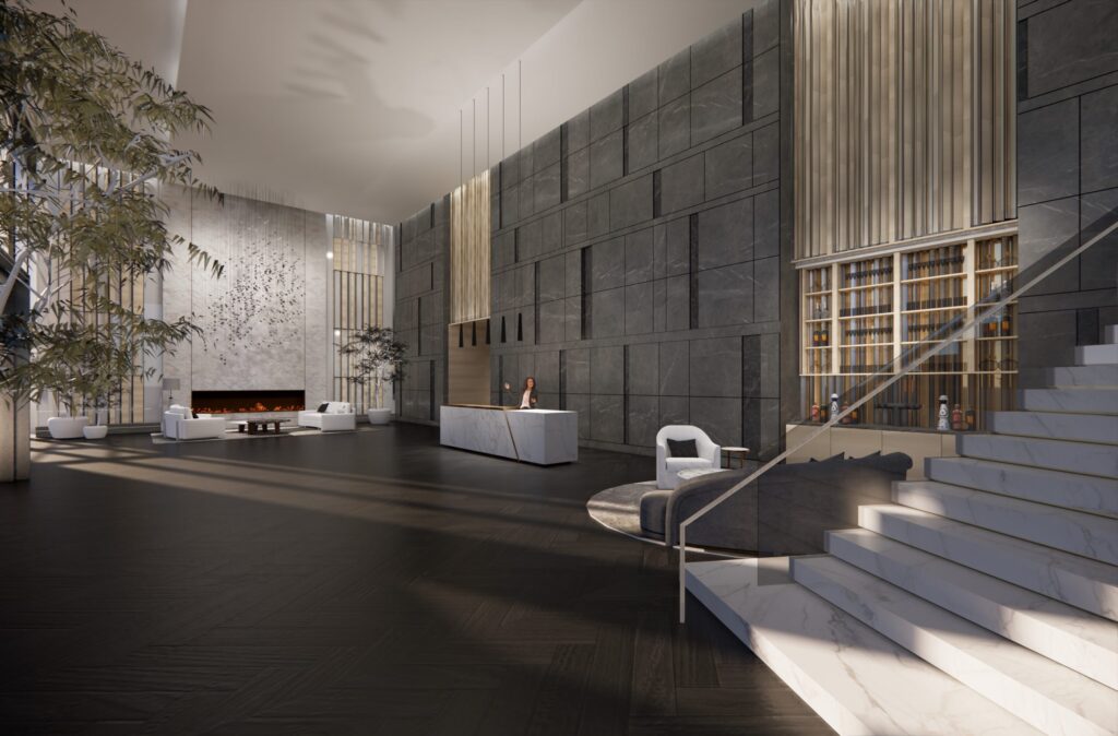 Modern hotel lobby with marble staircase and reception desk, offering numerous opportunities for developers.