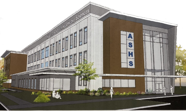 Architectural rendering of a modern three-story building labeled 