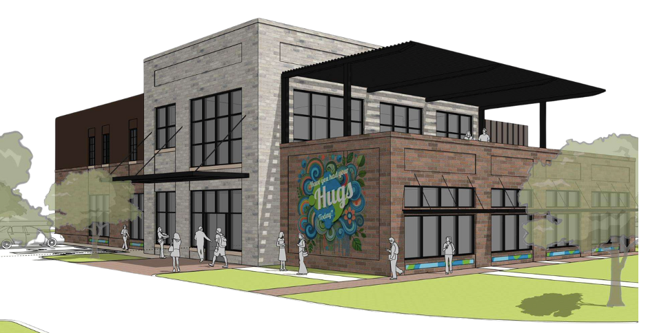 Architectural rendering of a two-story brick building with large windows, a vibrant “Hugs” mural, and people strolling on the sidewalks