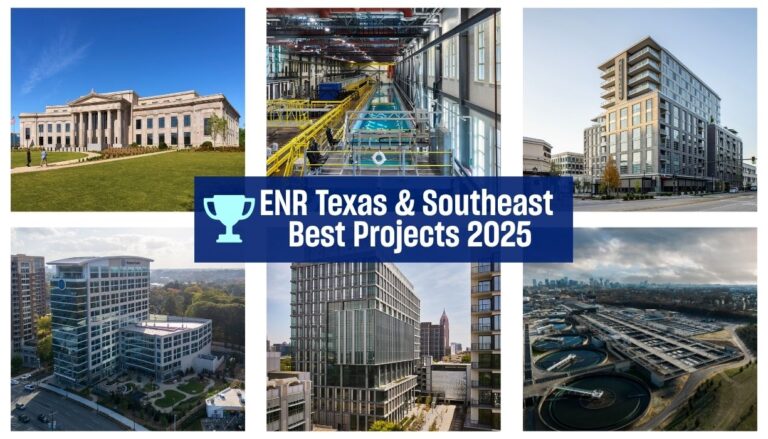 Collage of six modern buildings and infrastructure projects with text overlay: 