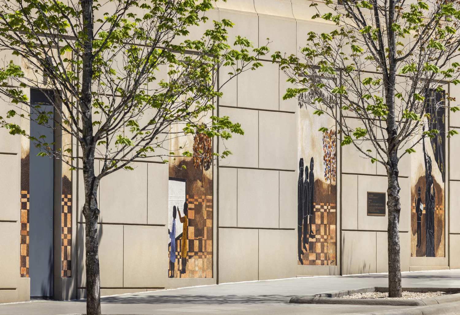 Art in Architecture -  mosaic panels
Ellen Driscoll created Site Woven, a series of seven
mosaic panels, for the Charles R. Jonas Federal
Building and Courthouse. As the title suggests,
the artwork is woven from the history of the
building, its site, and the local region.

Description of Photography Use/Image rights:   
Unlimited reproduction use is granted for promotion by all photoshoot participants—RAMSA, and TBD (all participating parties who buy into the shoot). Each participant and its affiliates and agents have license to use these images for marketing and business development purposes, including but not limited to: website, advertising, award competitions, portfolios, brochures, monographs, and project presentation materials. Usage rights are transferable and should be included in any agreement where the property changes ownership and all property rights are transferred from one owner to another in a voluntary exchange.
Editorial and book publishing use are not included except for the architect’s own monographs. If photographs are submitted to publishers, usage fees must be negotiated with OTTO (www.ottoarchive.com) prior to publication. 